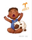 Zodiac sign Aries. Horoscope Sign Aries. African Americam child enjoys playing Sheep. Wake up Baby Royalty Free Stock Photo