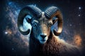 Zodiac sign of Aries, ram with magic light and stars in space, generative AI Royalty Free Stock Photo