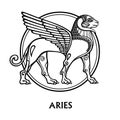 Zodiac sign Aries. Vector art. Black and white zodiac drawing isolated on white. Royalty Free Stock Photo