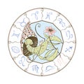 Zodiac sign Cancer. Cute crustacean with a flower sitting in a shell. Vector