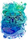 Zodiac sign of Cancer, element of Water. Intricate linear drawing on watercolor textured background.