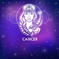 Zodiac sign Cancer. Fantastic princess, animation portrait. White drawing, background - the night stellar sky.