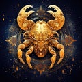 Zodiac sign of Cancer, fantasy golden crab and astrological symbols, generative AI