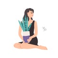 Zodiac sign Capricorn, beautiful woman with Sansevieria houseplant, horoscope astrology symbol