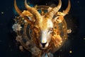 Zodiac sign of Capricorn, goat and horoscope wheel on sky background