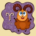 Zodiac sign cartoon Aries, astrological character, hand drawing. Painted funny aries in the frame in the form of an abstract purpl Royalty Free Stock Photo