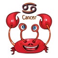 Zodiac sign cartoon Cancer, astrological character. Painted funny cancer with a symbol isolated on white background, vector drawin Royalty Free Stock Photo