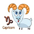 Zodiac sign cartoon Capricorn, astrological character. Painted funny capricorn with a symbol isolated on white background, vector Royalty Free Stock Photo