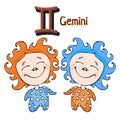 Zodiac sign cartoon Gemini, astrological character. Painted funny gemini with a symbol isolated on white background, vector drawin