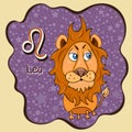 Zodiac sign cartoon Leo, astrological character, hand drawing. Painted funny leo in the frame in the form of an abstract purple in Royalty Free Stock Photo
