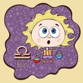 Zodiac sign cartoon Libra, astrological character, hand drawing. Painted funny libra in the frame in the form of an abstract purpl Royalty Free Stock Photo