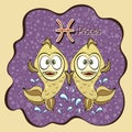 Zodiac sign cartoon Pisces, astrological character, hand drawing. Painted funny pisces in the frame in the form of an abstract pur