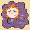 Zodiac sign cartoon Sagittarius, astrological character, hand drawing. Painted funny sagittarius in the frame in the form of an ab