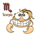 Zodiac sign cartoon Scorpio, astrological character. Painted funny scorpio with a symbol isolated on white background, vector draw Royalty Free Stock Photo