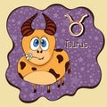 Zodiac sign cartoon Taurus, astrological character, hand drawing. Painted funny taurus in the frame in the form of an abstract pur Royalty Free Stock Photo