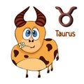 Zodiac sign cartoon Taurus, astrological character. Painted funny taurus with a symbol isolated on white background, vector drawin Royalty Free Stock Photo