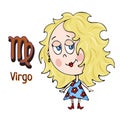 Zodiac sign cartoon Virgo, astrological character. Painted funny virgo with a symbol isolated on white background, vector drawing Royalty Free Stock Photo