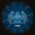 Zodiac sign Gemini in astrological circle with zodiac constellations, horoscope. Blue and white design Royalty Free Stock Photo