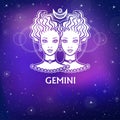 Zodiac sign Gemini. Fantastic princess, animation portrait. White drawing, background - the night stellar sky. Royalty Free Stock Photo