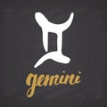 Zodiac sign Gemini and lettering. Hand drawn horoscope astrology symbol, grunge textured design, typography print, vector illustra Royalty Free Stock Photo