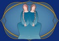 Zodiac Sign. Gemini. Two beautiful twins inside in an ornamental frame. Medieval style