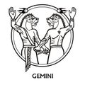 Zodiac sign Gemini. Vector art. Black and white zodiac drawing isolated on white. Royalty Free Stock Photo