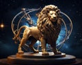 Zodiac sign of a gold lion statue on a dark sky. Royalty Free Stock Photo