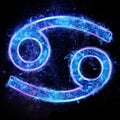 Zodiac sign icon cancer, blue neon hologram on a dark background of the starry sky, horoscope signs. The concept of fate, Royalty Free Stock Photo