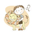 The zodiac sign Leo. Cute boy with a lion cub. Vector Royalty Free Stock Photo