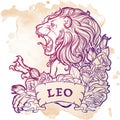 Zodiac sign of Leo with a decorative frame roses. Sketch in pastel pallette on grunge spot background. Royalty Free Stock Photo