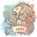 Zodiac sign of Leo, element of Fire. Intricate linear drawing on watercolor textured background.
