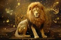 Zodiac sign of Leo, gold lion and horoscope wheel on sky background, generative AI