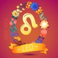 Zodiac sign LEO, in sweet floral wreath. Horoscope sign, flowers, leaves and ribbon Royalty Free Stock Photo