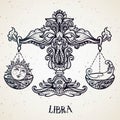 Zodiac sign of Libra or Scales. Line art vector illustration of engraved horoscope symbol. Doodle mystic drawing and hand drawn