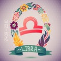 Zodiac sign LIBRA, in sweet floral wreath. Horoscope sign, flowers, leaves and ribbon Royalty Free Stock Photo