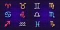 Zodiac sign neon icon set. Astrological zodiac signs glowing symbol