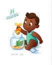 Zodiac sign PISCES. African Americam baby fishes in the aquarium using a net to fish. Horoscope sign PISCES.