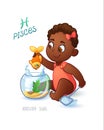 Zodiac sign PISCES. African Americam baby girl fishes in the aquarium using a net to fish. Horoscope sign PISCES. Royalty Free Stock Photo