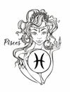 Zodiac sign Pisces a beautiful girl. Horoscope. Astrology. Coloring. Vector Royalty Free Stock Photo