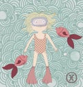 Zodiac sign Pisces. Cute little girl swimming with