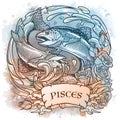 Zodiac sign of Pisces, element of Water. Intricate linear drawing on watercolor textured background Royalty Free Stock Photo