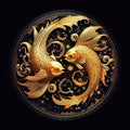 Zodiac sign of Pisces, fantasy golden fish and gold horoscope wheel, generative AI