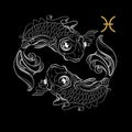 Zodiac sign Pisces isolated on black background. Vector.