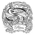 Zodiac sign - Pisces. Two fishes jumping from the water. sketch isolated on white Royalty Free Stock Photo