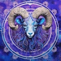 Zodiac sign Ram. Zodiac circle on abstract blue background. Zodiac sign Aries astrology horoscope esoteric illustration The Ram