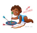 Zodiac sign SAGITTARIUS. African American kid pokes a shot at a target. Horoscope sign SAGITTARIUS. Little babyboy. Arrows, bow an Royalty Free Stock Photo