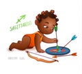 Zodiac sign SAGITTARIUS. African American kid pokes a shot at a target. Horoscope sign SAGITTARIUS. Little babygirl. Arrows, bow