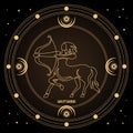 Zodiac sign Sagittarius, astrological horoscope sign in a mystical circle with moon, sun and stars. Golden design Royalty Free Stock Photo
