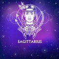 Zodiac sign Sagittarius. Fantastic princess, animation portrait. White drawing, background - the night stellar sky. Royalty Free Stock Photo