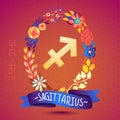 Zodiac sign SAGITTARIUS, in a sweet floral wreath. Horoscope sign, flowers, leaves and ribbon Royalty Free Stock Photo